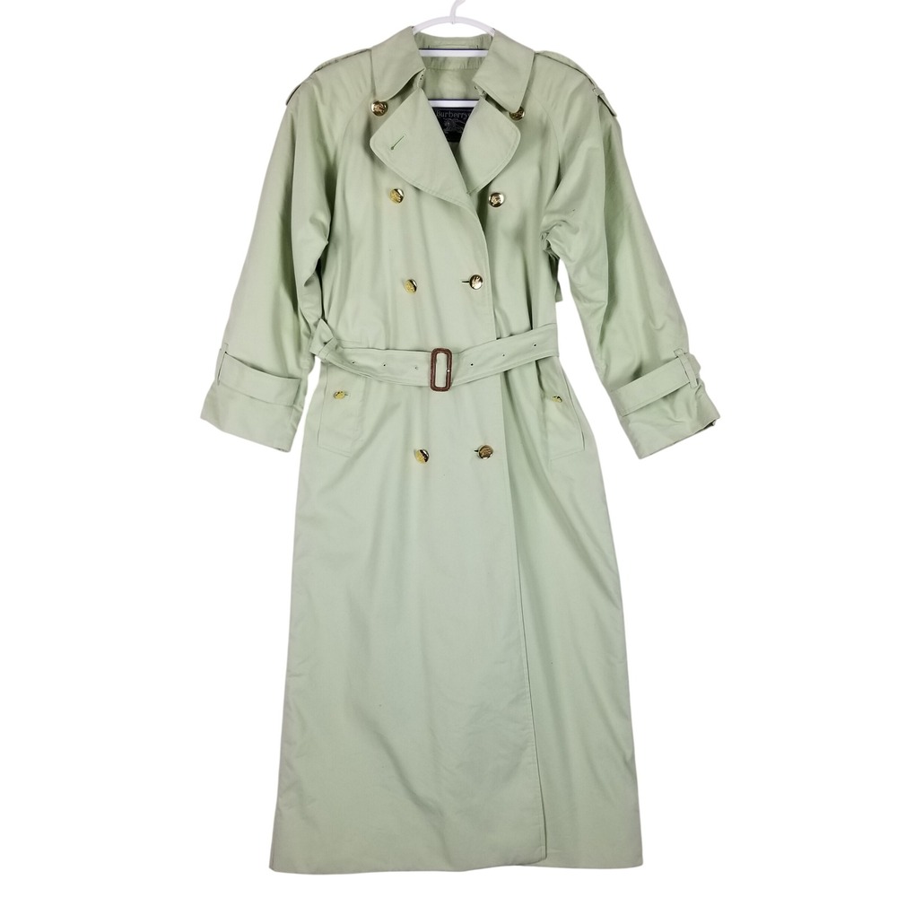 Burberrys Trench Coat Womens 4 X-Long Sage Green Gold Crest Button Belted Vtg - Picture 1 of 13